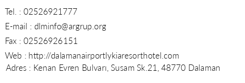 Dalaman Airport Lykia Resort Hotel telefon numaralar, faks, e-mail, posta adresi ve iletiim bilgileri